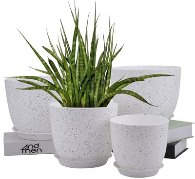 NONMON Plastic Plant Pots 20cm 25 cm 23cm 16cm, 4 Pack Large Plant Flower Pots Indoor with Drainage Holes and Saucers, Modern Decorative Planters for Garden House Plants, White
