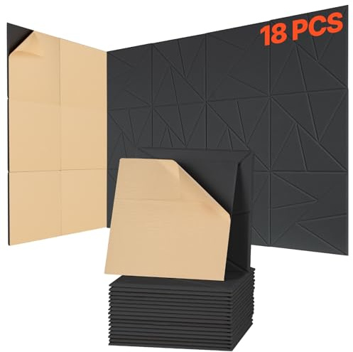 VEVOR Pannelli Acustici con Adesivo, Pannelli in Schiuma Insonorizzante 300 x 300 x 10 mm, da Parete in Fibra di Poliestere ad Alta Densità, per Casa, Ufficio, Teatro, 18 Pezzi Nero