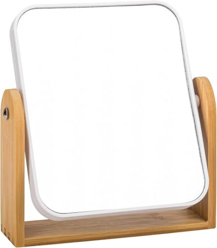 mujaxect Kosmetikspiegel, Schminkspiegel, 1-fache/3-fache Vergrößerung, Doppelseitiger 360°-Flip-Schminkspiegel, Tischspiegel, mit Natürlichem Bambusrahmen – Weiß