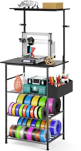 Emfogoo 3D Druckertisch, 5 Stöckiger Druckerständer, Metall Druckerschrank mit Filamentaufbewahrung und Seitentasche, Druckerregal zur Wandbefestigung für Büro, Zuhause, Schule, Werkstatt (Schwarz)