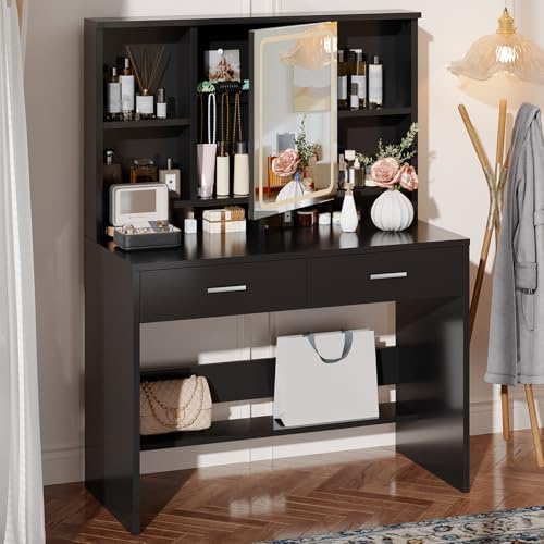 JUMMICO Coiffeuse avec Miroir LED, 3 Couleurs D'éclairage, Table de Maquillage avec Étagère Réglable, Rangement Derrière Le Miroir et 2 Tiroirs, Meuble Chambre Style Moderne