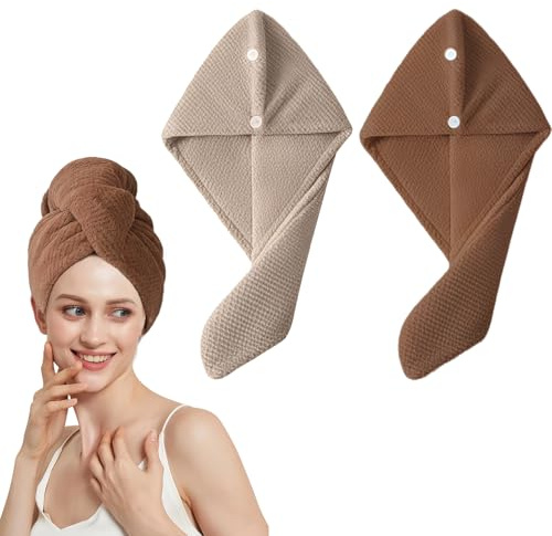 Zueyen 2 toallas turbantes con botón, absorbente y secado, toallas de microfibra para el cabello para niños y mujeres, para el cuidado del cabello, 65 x 25 cm (A)