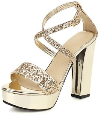 Genéric Zapatos De Tacón Bloque Grueso con Plataforma para Mujer En Cuero PU Recubierto De Brillo Correa De Tobillo Cruzada Punta Abierta Hebilla Ajustable Boda Novia Cita Noche,Oro,36 EU