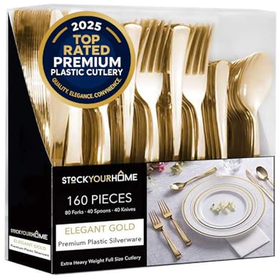 Gold Plastic Silverware Set (160 Bulk Pack) Disposable Cutlery Utensils, 80 Gold Forks, 40 Gold Knives, 40 Gold Spoons, Heavy Duty Flatware For Holidays, Parties, Dinners, Weddings, and Occasions