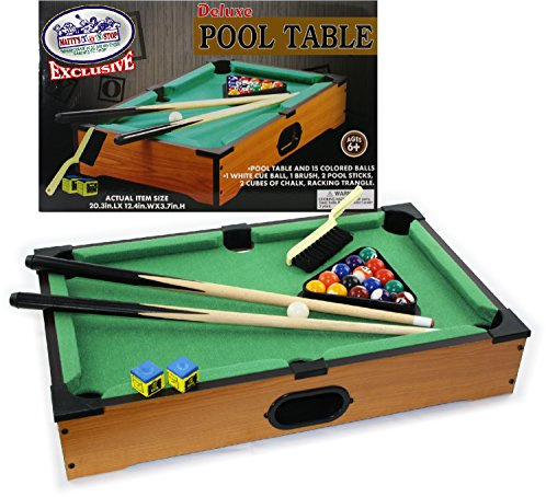 Matty's Toy Stop Deluxe 20 Wooden Table Top Pool (Billiards) Table with 15 Colored Balls, 1 Cue Ball, 1 Brush, 2 Pool Sticks, 2 Cubes of Chalk & Racking Triangle