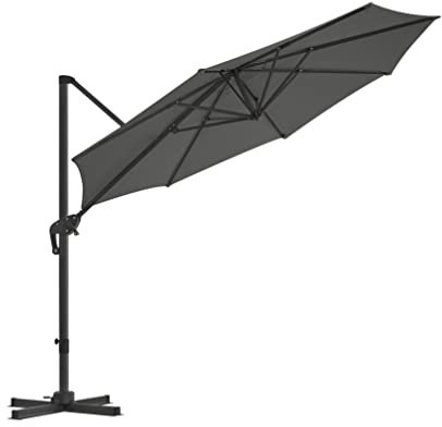 SONGMICS 3 m Garden Patio Cantilever Parasol, Offset Banana Hanging Umbrella, Sunshade with UPF 50 Plus Protection,Adjustable Tilt, Crank for Opening Closing, with Base, Grey GPU35GY