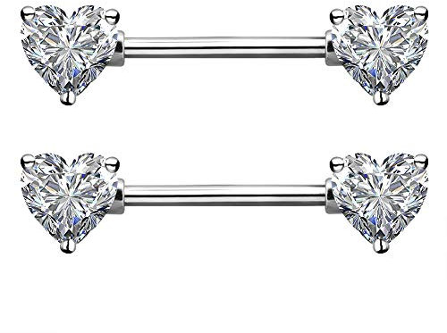OUFER Nipple Piercing 2PCS 14G 316L Edelstahl Nipple Shield Piercing für Frauen mit Herz CZ Steine in Weißgold