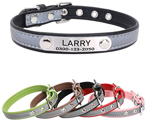Yonsbox Custom Personalized Reflective Cat Dog Collar with Name Plate Engraved Cute Black Puppy Kitten Dog Cat Collars for Male Female Boy Girl Small Medium Large Cats Dogs