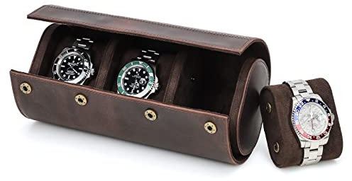 Hiram Custodia a rotolo per 3 orologi, realizzata a mano, in vera pelle, custodia per orologi da viaggio con design rimovibile di montaggio