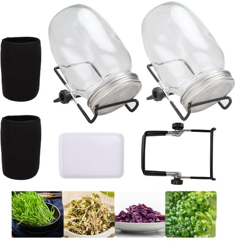 STARVAST Set mit 2 Sprossen Keimglas 950ml, Sprossenglas Keimgerät mit Deckel, Sprouting jar Glas, keimgläser für sprossen mit 2er Filtergitter Abdeckungen aus Edelstahl, 2 Ständer und1 Tablett