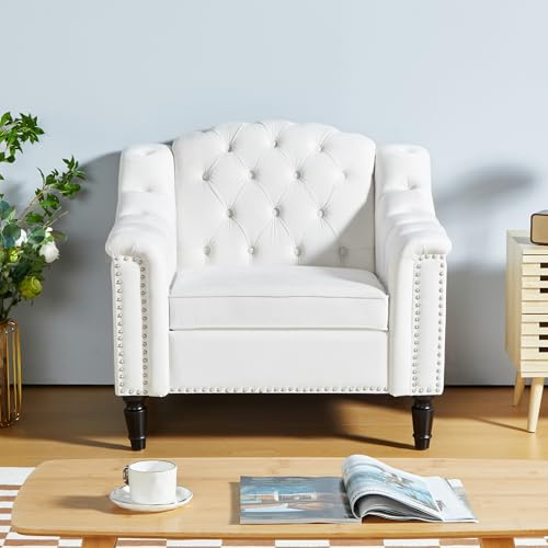 AVZEAR Chesterfield Sofa Chair, Mid-Century Modern Armchair, Velvet Fabric Single Sofa Chair with Nailhead Trim and Button Tufted for Living Room, Office, Bedroom, White