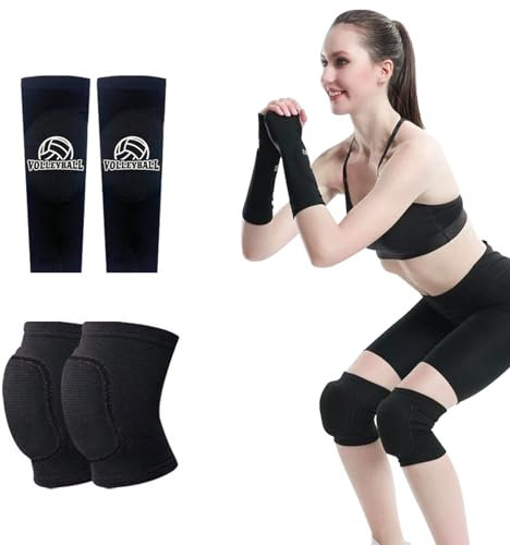 SMYJDMM Volleyball-Schutz, 1-Paar Volleyball Knieschoner+1-Paar Volleyball Armstulpen, Schwamm Kollision Knieschutz Knie Schoner Sport Unterarm Ärmel -Handgelenkstützemit Schutzpolster und Daumenloch