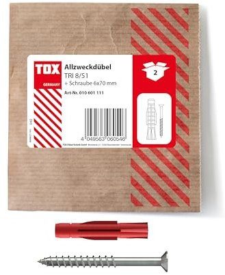 TOX Taco universal TRI 8x51 mm + tornillo, taco para fijaciones fiables en casi todos los materiales de construcción, 2 piezas en embalaje de papel resellable y ecológico, 010601111