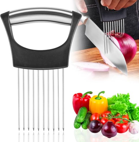 Ago per cipolla in acciaio inox, affettaverdure e frutta, utensile ausiliario, assistente per affettare gli alimenti, forchetta di sicurezza ausiliaria con 10 punte