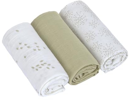 LÄSSIG Puck manta de bebé pañales muselina set de 3 piezas algodón 60 x 60 cm/Swaddle & Burp Blanket M Leave olive/milky