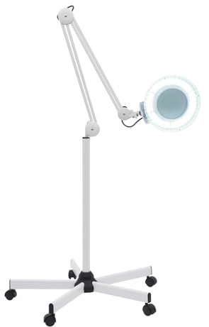 soudesileim 5/8 x LED-förstoringsglas med stativ och 5 hjul, justerbar höjd, CRI>90, stroboskopfri, 24 W trippelring med 120 LED-pärlor, vit lupplampa, stående förstoringsglas (5 x förstoring)