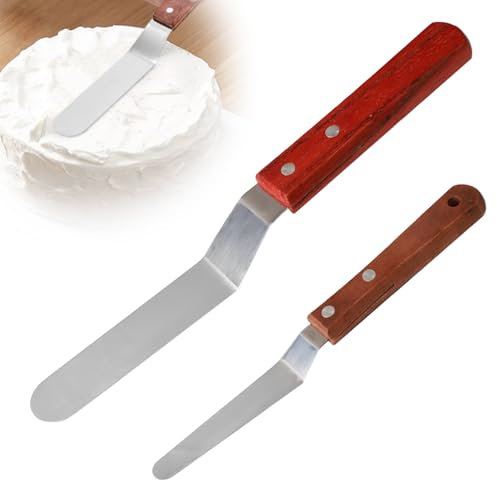 2 Pcs 4/6 Icing Knife Angled Offset Spatula Cake Decorating cranked Palette Knife Stainless Steel Blade Wood Handle Cake Pallet Knife Thin for Baking Frosting Pastry Buttercream