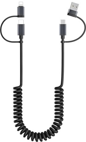 Basesailor para iPhone 17 16 Pro Max 4 en 1 Cable Espiral USB C 1M,Apple Carplay Multi USB Cargador Cable Tipo C Carga Rápida con USB A/Lightning Adaptador para Apple 15 14 13 12 Xr Xs Plus Mini,iPad