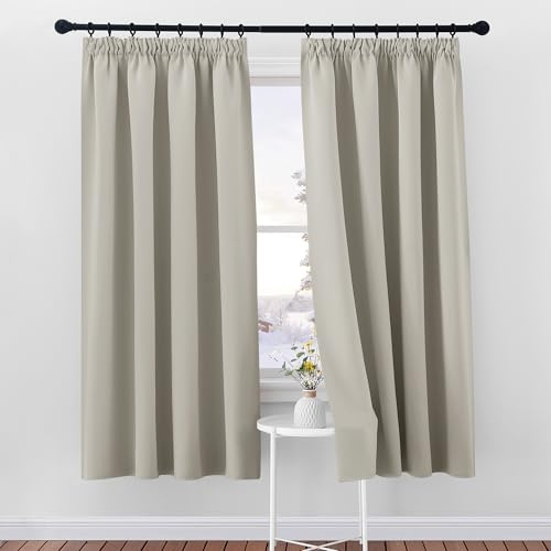 PONY DANCE Blackout Pencil Pleat Curtains, Natural, W52 x L72, 2 Panels | Thermal Insulated Curtains with Noise Reducing & Privacy, Luxury Soft Window Treatment for Bedroom & Living Room