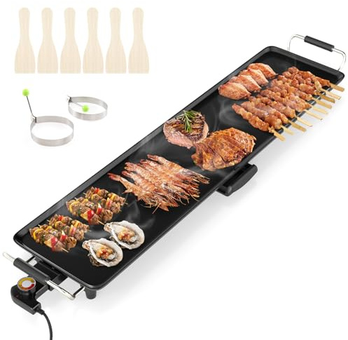CHEFJOY 35” Extra Large Electric Griddle, Teppanyaki Grill w/Nonstick Surface, 4 Adjustable Temperature, Insulated Handles & Drip Tray, Indoor & Outdoor Tabletop Griddle for Party, Camping (35”)