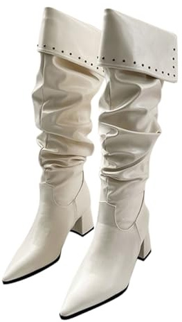 Botas de invierno para mujer, botines de piel, botas de vaquero, cómodas, de ante, cómodas, botas de invierno, botines de vaquero, cómodas y cómodas, Blanco, 35 EU