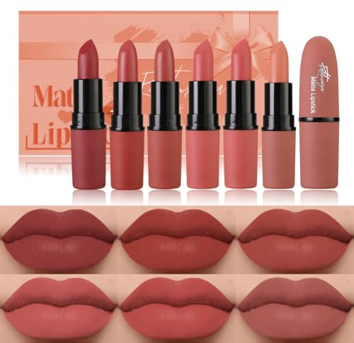 Katiluxiya Juego de 6 barras de labios mate para mujer, resistentes al agua, color rosa malva de 24 horas, de larga duración, juego de mate labial de 24 horas, kit de regalo de maquillaje. (03, Color)