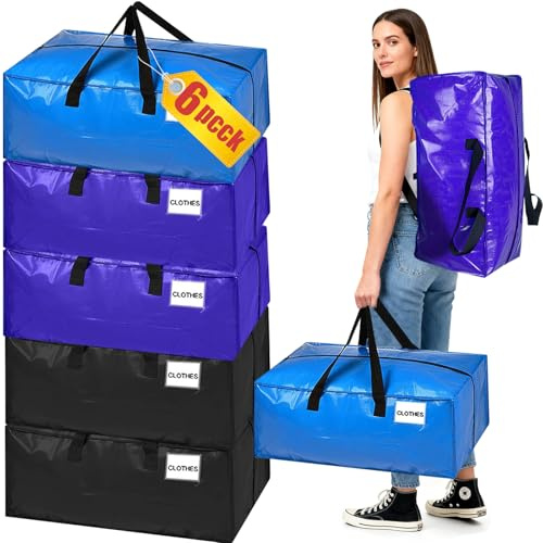6 Pack Moving Boxes Large Strong,95L Oversized Moving Bags,Storage Bags with Backpack Straps,Zippers &Handles,Boxes for Moving House,Moving Totes for Clothes Duvet Storage,3 Color,Waterproof
