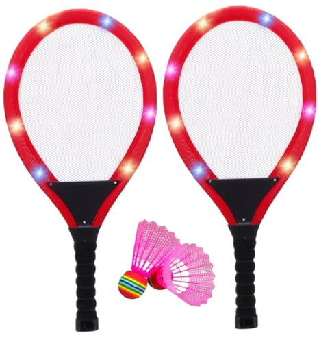 Grtheenumb Ensemble de Badminton, 4 pièces/1 Ensemble de Raquettes Badminton 22 Pouces LED pour Enfants avec 2 Volants Lumineux, léger pour 3 à 5 Enfants, Jeu Sport en intérieur et en extérieur Rouge