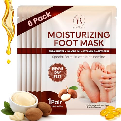 Masque Pied Hydratant, Masque Pieds Très Secs et Abîmés – Soin au Beurre de Karité, Huile de Jojoba et Vitamine E, Foot Mask (6 Paires)