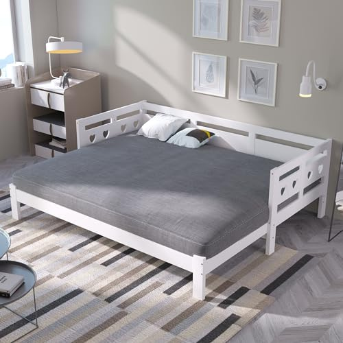 VIEKOS Cama de día extensible, 90 x 190 cm, pino macizo, con 2 camas y somier enrollable en forma de corazón, color blanco