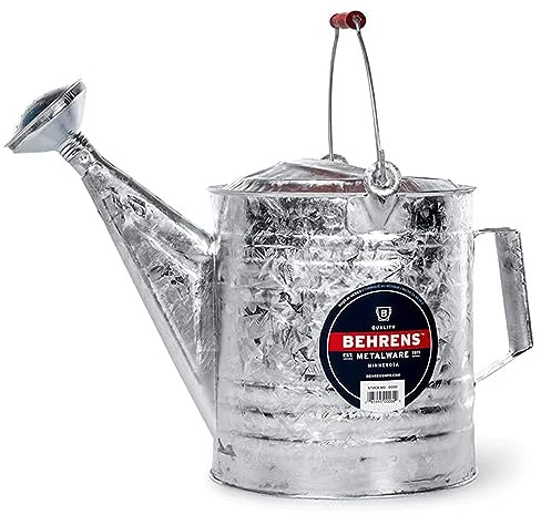 Behrens Weatherproof Hot Dipped Galvanized Steel Watering Can with Wooden Handle and Side Handle for Watering Flowers and Gardens, Gray.