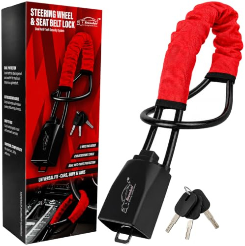 Xtremeauto Steering Wheel & Seat Belt Lock – Dual Anti-Theft Vehicle Security Lock with Cut Resistant Steel Cable, High Visibility Cover & 3 Keys – Universal Fit for Cars, SUVs & Vans (Red)