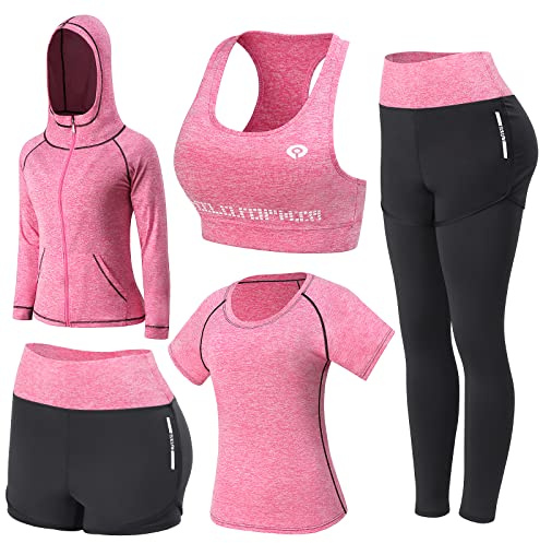 JULY'S SONG Combinaison de yoga pour femmes 5 pièces Combinaisons de sport Running Jogging Gym Workout Outfit Ensembles de vêtements de sport pour femmes Sport Yoga Exercise Fitness Vêtements
