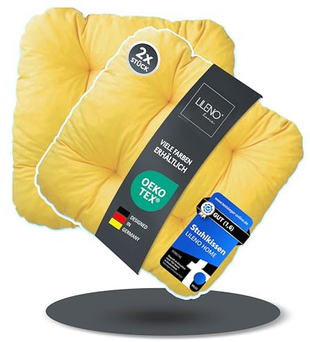 LILENO HOME 2er Set Stuhlkissen Gelb (38x38x8 cm) - Sitzkissen für Gartenstuhl, Küche oder Esszimmerstuhl - Bequeme UV-beständige Indoor u. Outdoor Stuhlauflage als Stuhl Kissen