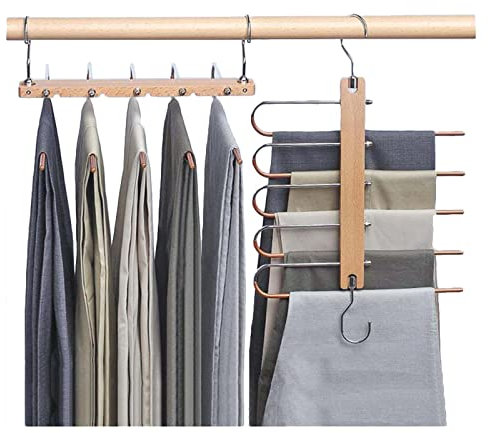 2 Stück Hosenbügel Platzsparend,Edelstahl Hosenaufhängung Ausziehbar rutschfeste,Holz Hosenkleiderbuegel für Schals Jeans Hosen