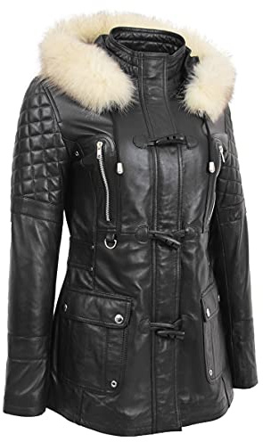 Chaqueta de lona de cuero suave para mujer, ajustable, con capucha extraíble, Cory, Negro, 46