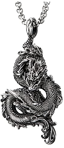 COOLSTEELANDBEYOND Uomo Annata Acciaio Inossidabile Arrotolato Drago Ciondolo Collana con Pendente con Catena del Grano 75CM