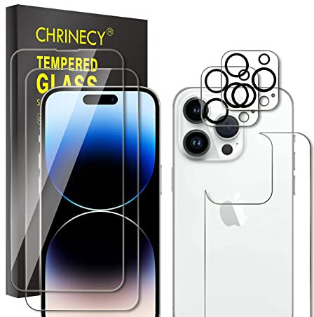 CHRINECY Tempered Glass Screen Protector for iPhone 14 Pro (2 Pack)+Back Screen Protector+Camera Lens Protector (2 Pack), 9H Hardness, Anti-Scratch, No Bubbles