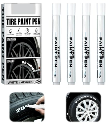 4 Pezzi Pennarello Bianco,14.5cm Penna per Pneumatici Bianca,Pennarelli per Pneumatici Impermeabili,Pennarelli Bianchi per Pneumatici,Pennarello Indelebile Bianco per Auto, Moto, Legno, Metallo