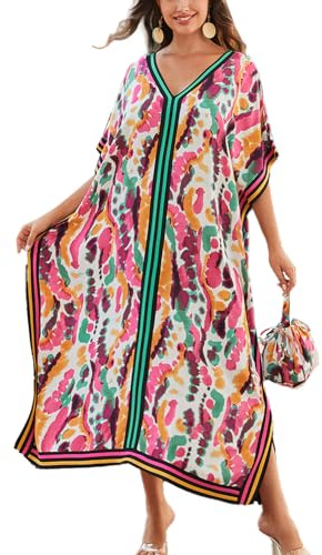 YouKD Maxiklänning, v-ringad hals, kaftan, morgonrock i boho-stil, strandklänning, maxiplagg för kvinnor, one size