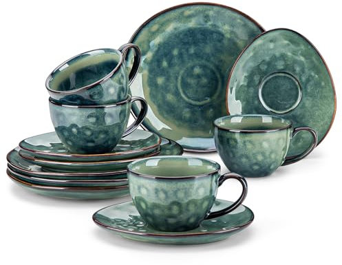 vancasso serie Starry Juego de Taza y Platillo 12 piezas con 4 Tazas, 4 Platillos y 4 platos de postre, Vajillas de Gres para Desayuno/Café, 270 ML Tazas de Café per 4 Persone, Irregular Esmalte Verde