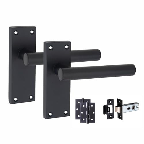 Golden Grace 1 Set of Victorian Straight T-Bar Handle Latch Door Handles Matt Black with 1 Pair of 3 Ball Bearing Hinges & Latches Pack Sets 120mm x 40mm Backplate