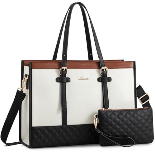 LOVEVOOK Handtasche Damen, Business Laptoptasche 15,6 Zoll aus Canvas & Leder, Lehrertasche Aktentasche gross, Handbags for Women Arbeitstasche für Büro Uni Arbeit, Braun-Schwarz-Weiß