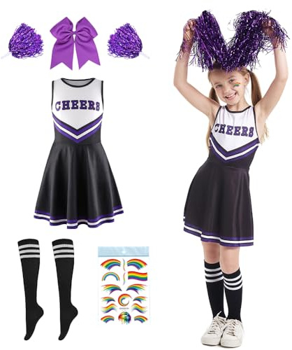 Ropa de porristas para niños,Disfraz Carnaval de Animadora para Niñas,Disfraz Cheerleader Niña con Pompones Calcetines - Uniforme Cheerleader para Carnaval Cosplay Competición Deportiva (negro, 120)