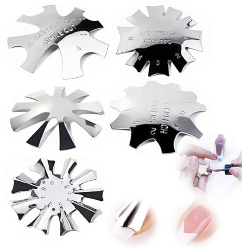SGERUFZ 5 Pièces French Sourire Ligne Coupe Edge Tondeuse Métal Modèle D'ongle,French Manucure Pochoir Cutter,Plaque Ligne V Français Facile,pour Gel UV Acrylique Modelage(Argent)