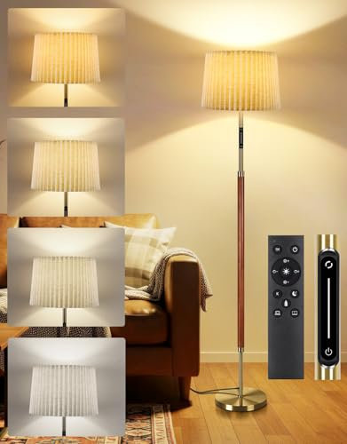 OUTON Lampara de Pie Madera con Control Remoto y Táctil, 4 Temperaturas de Color, Temporizador 1H, Función de Memoria, Lámpara de Pie LED Regulable con Doble Pantalla para Salon, Dormitorio, Oficina