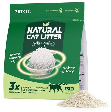 PETKIT Nytt Tofu Kattströ, 2.4kg, Klumpade Kattströ, Tapioka Kattströ, 100% Naturligt, Superabsorberande, Dammfri Luktkontroll, Spolbar, 2,4 kg, 1 Påse