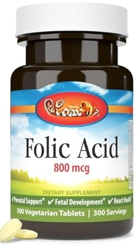 Acide folique 800 mcg, sans gluten, sans conservateurs artificiels, 300 comprimés végétariens