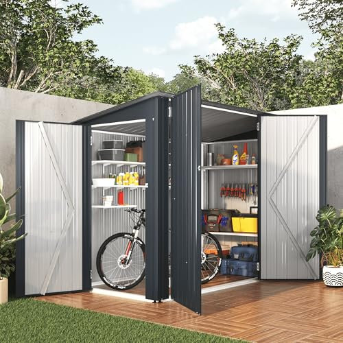 YODOLLA Abri de Jardin Métal 2,65 m² - Cabane de Jardin Exterieur pour Stockage vélos,Moto - 3 Portes Coulissantes & Toit en Pente - 224,9 (L) × 118,1 (W) × 170(H) cm, Gris