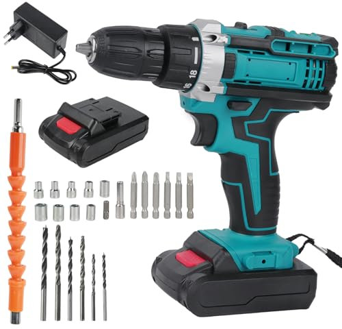 Taladro Percutor a Bateria 21V, Taladro Atornillador Electrico con 3 funciones, 24 Accesorios y Bateria, Aparafusadora Destornillador Inalambrico para Uso profesional o de bricolaje (1-batería)
